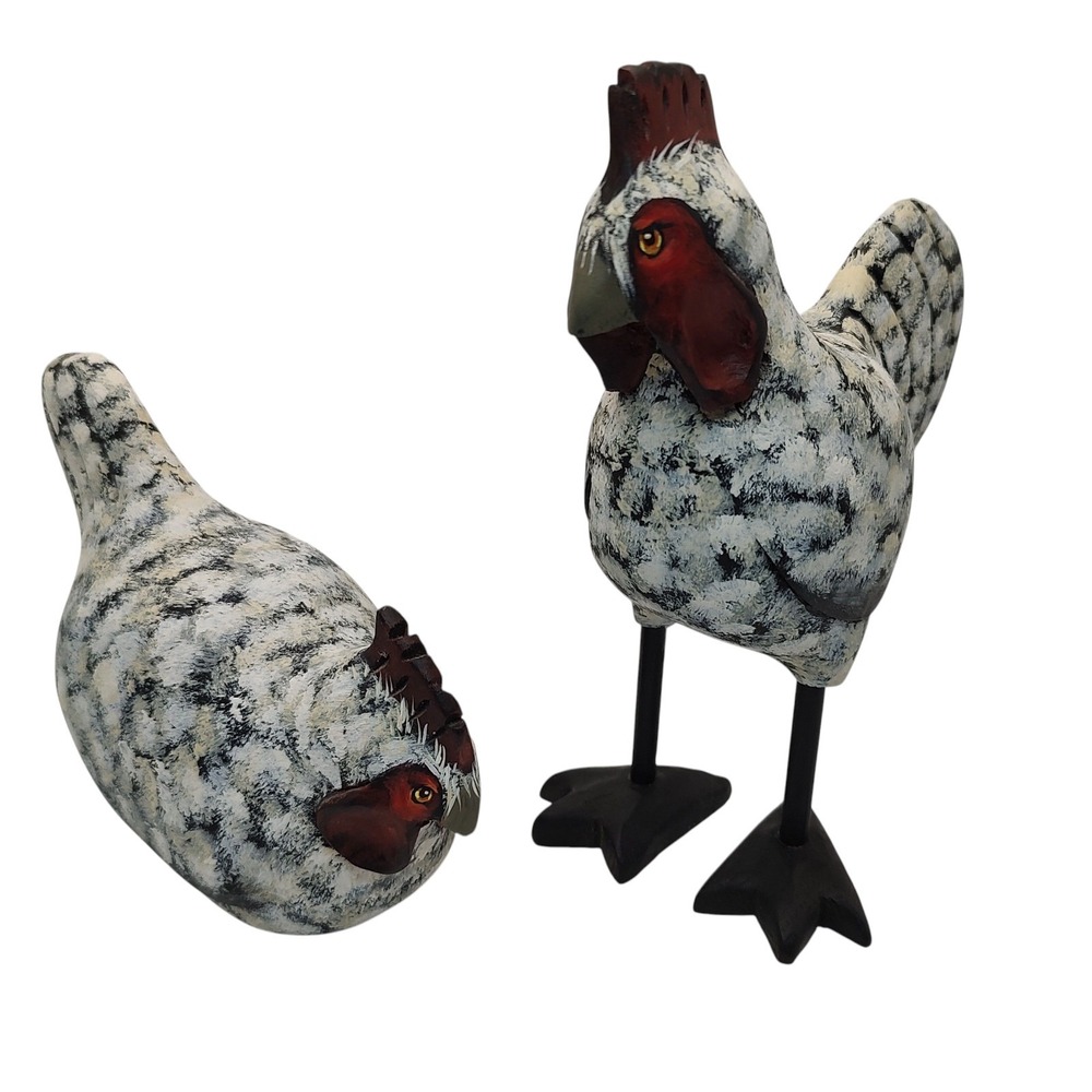 Vintage Handmade Chicken and Rooster Wooden Signed Decorative Set of Two 2000